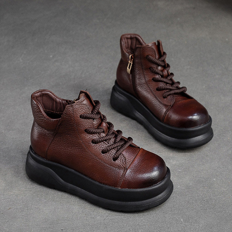 Women Retro Leather Furred Warm Platform Ankle Boots-RAIIFY