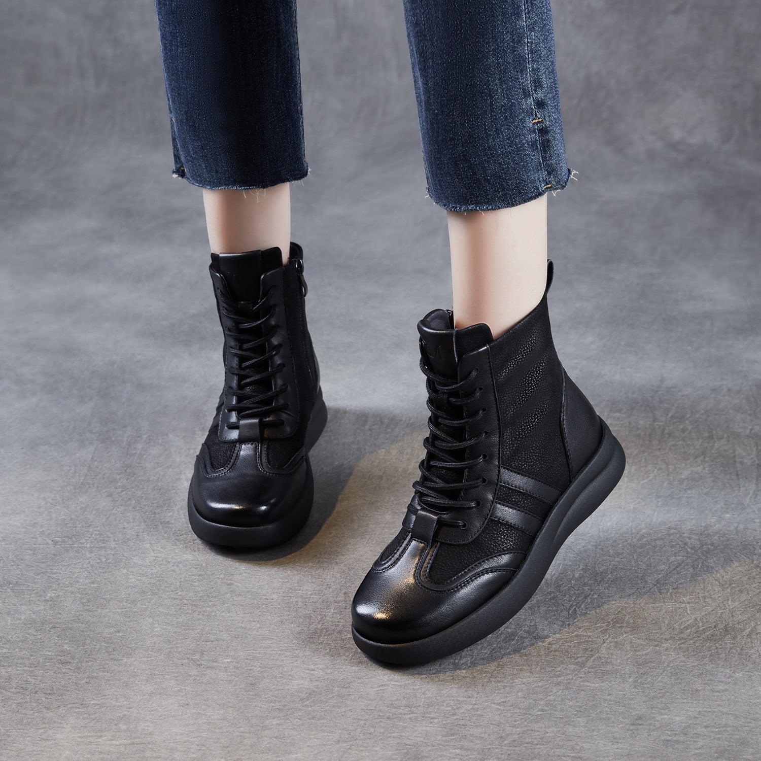 Women's Vintage Patchwork Leather Flat Casual Boots-RAIIFY