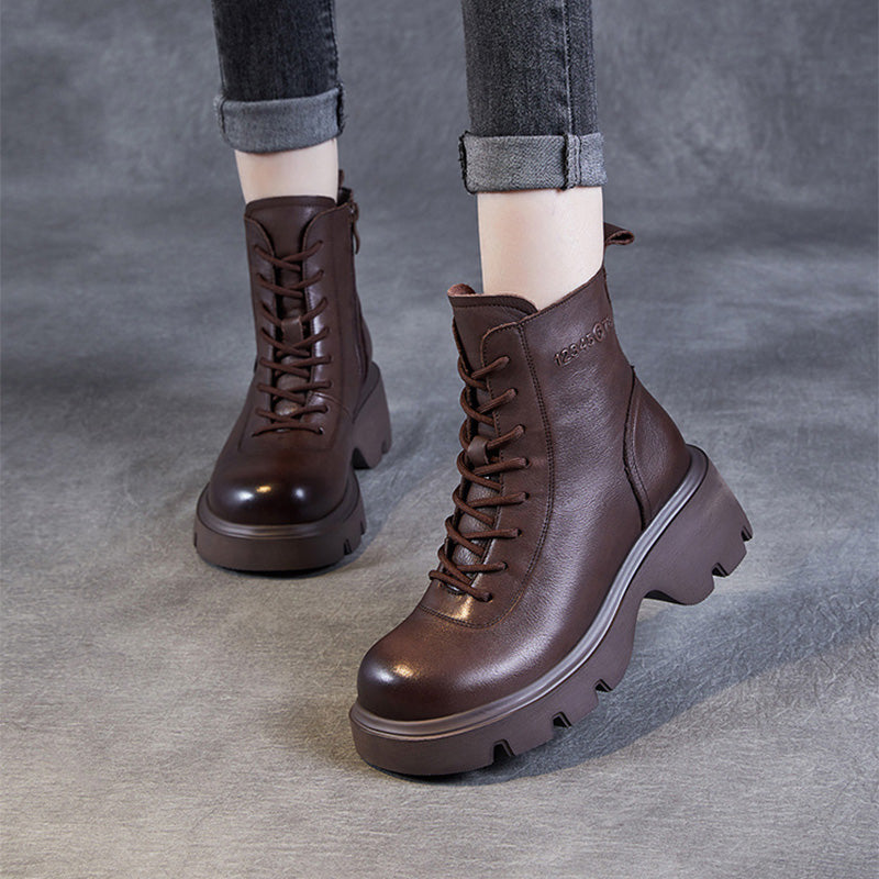 Women Vintage Solid Leather Thick Soled Boots-RAIIFY