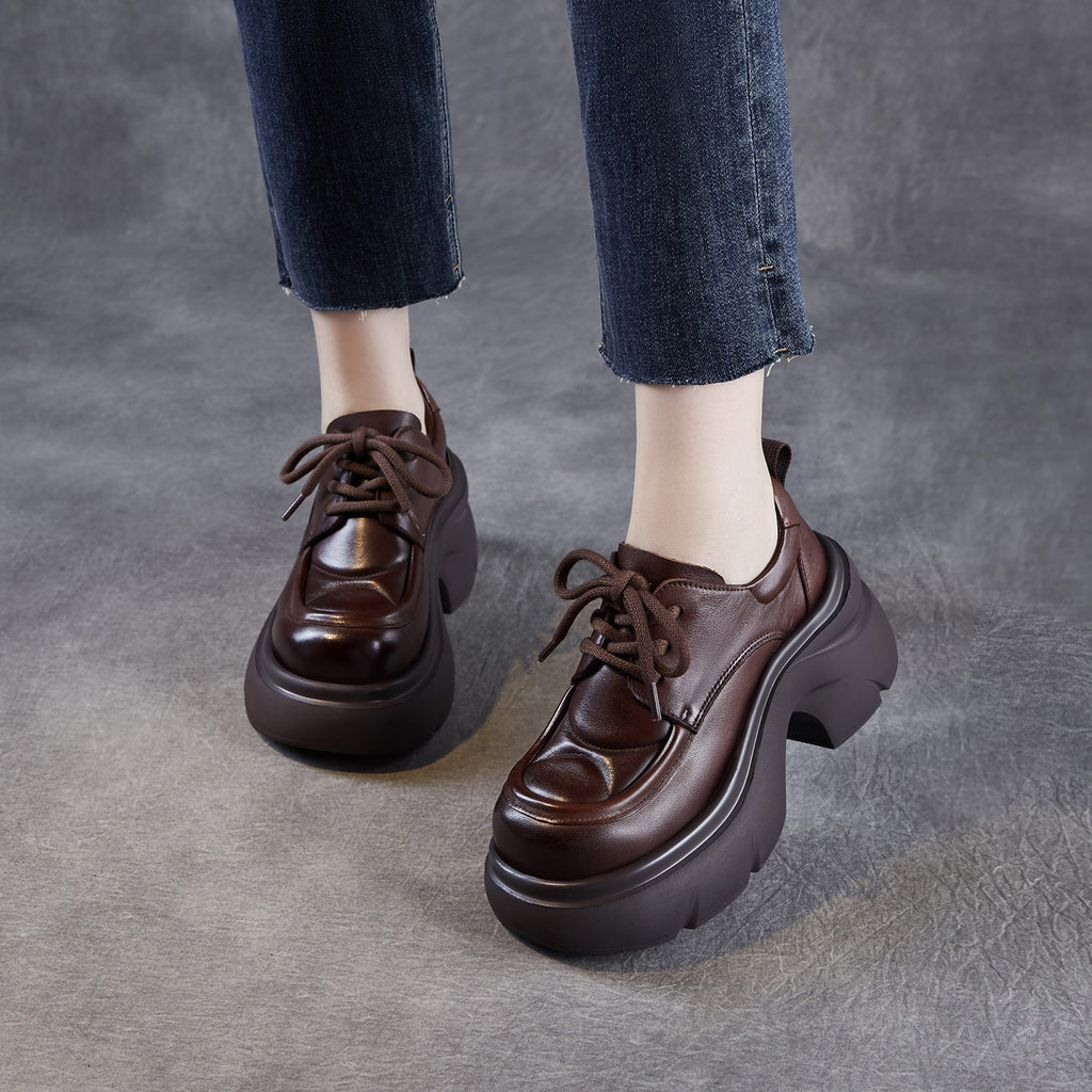 Heel Brown Lace Up Loafers Women's Vintage Chunky Platform Lace-up Loafers Heel Brown Lace Up Loafers Women's Vintage Chunky Platform Lace-up Loafers