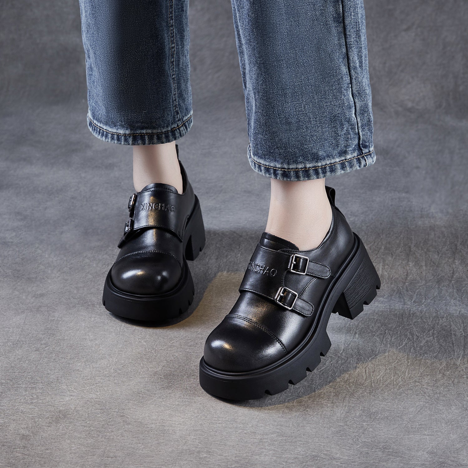 Women's Plain Leather Buckle Chunky Heel Loafers-RAIIFY