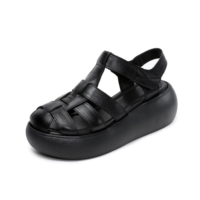 Women's Retro Plain Leather Casual Platform Sandals-RAIIFY