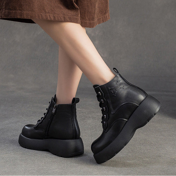 Women's Retro Plain Leather Platform Ankle Snow Boots-RAIIFY