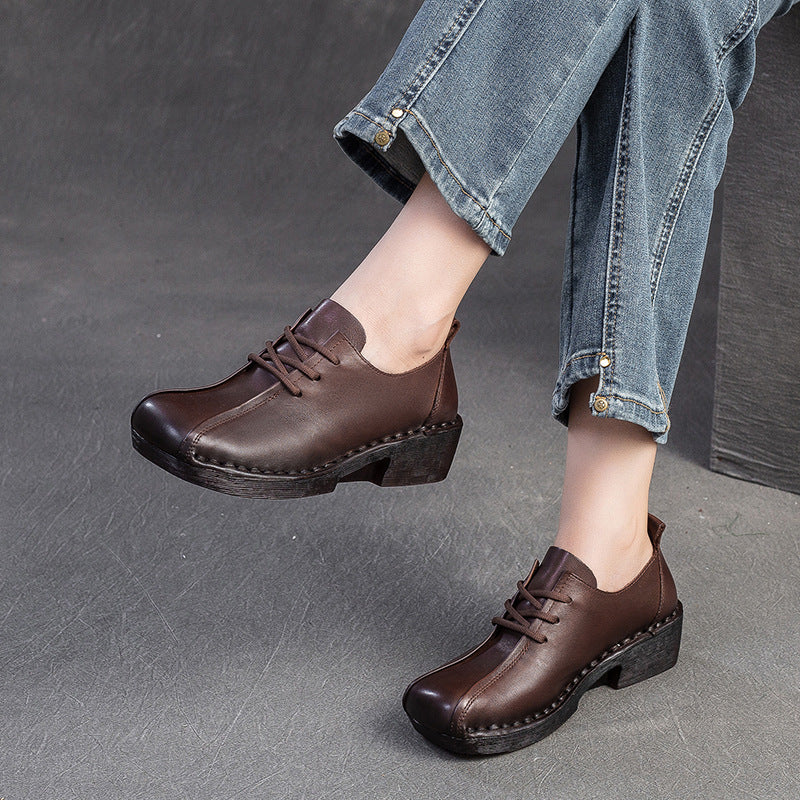 Women Retro Leather Low Block Casual Shoes-RAIIFY