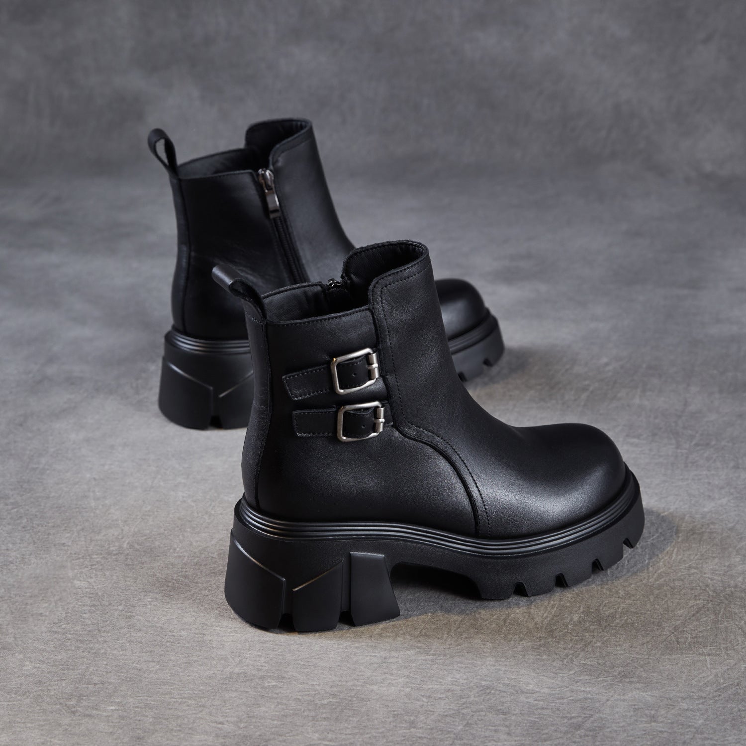 Women's Classic Plain Leather Buckle Platform Ankle Boots-RAIIFY