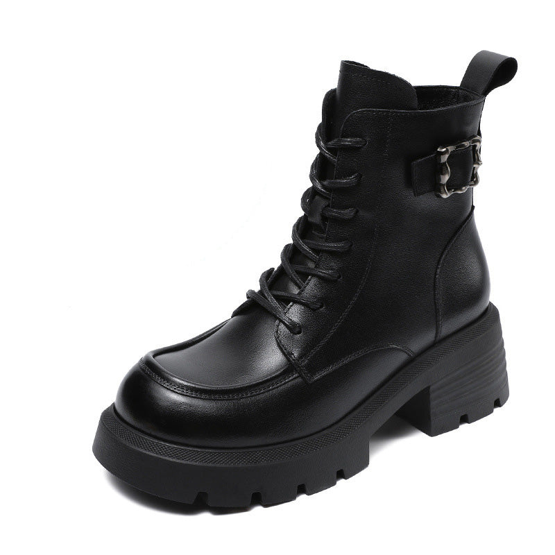 Women's Vintage Buckle Leather Platform Boots-RAIIFY