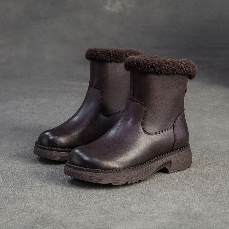 Women's Plain Leather Furred Snow Boots