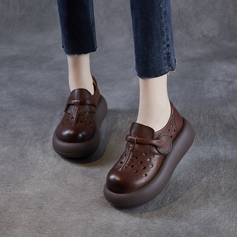 Women Retro Hollow Plain Leather Platform Casual Shoes-RAIIFY