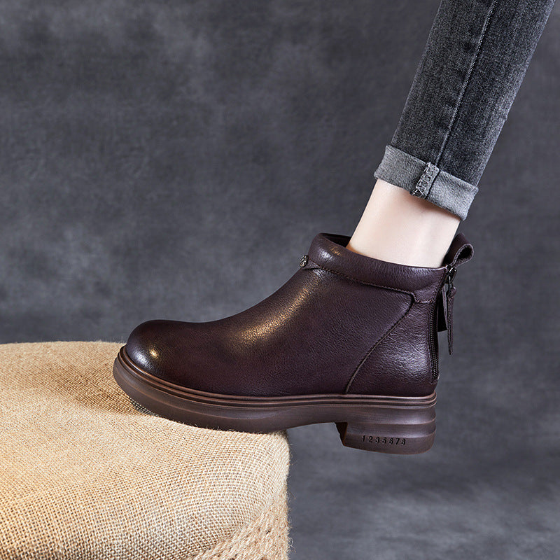 Women Solid Leather Back Zipper Ankle Boots-RAIIFY