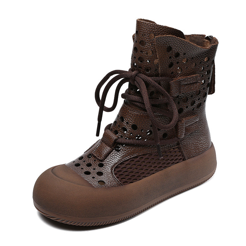 Women Retro Plain Hollow Leather Mesh Casual Boots-RAIIFY
