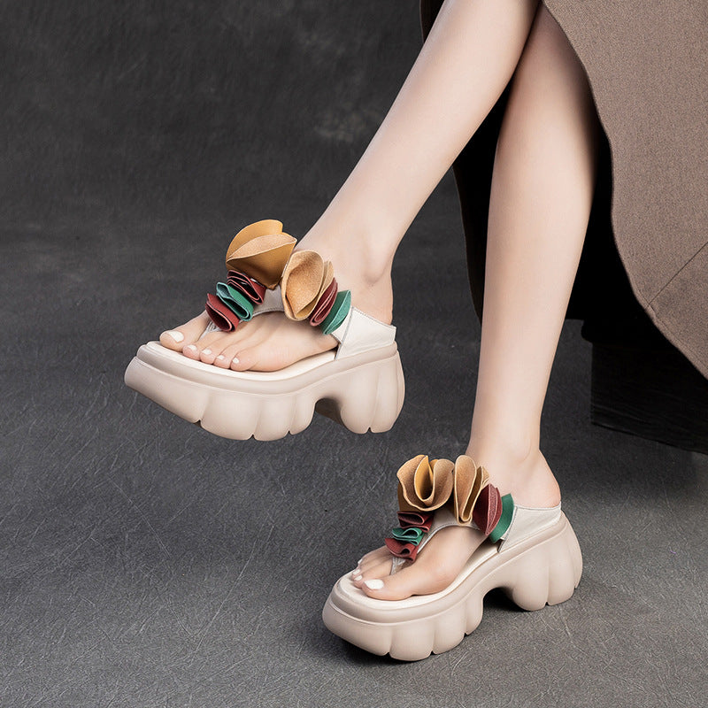 Women Summer Casual Leather Platform Slide Sandals-RAIIFY