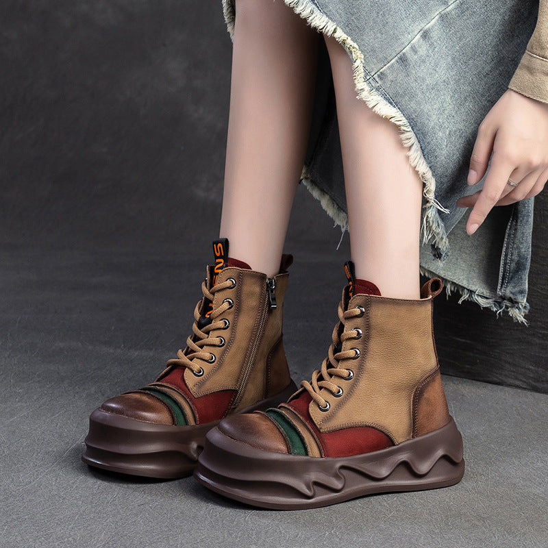 Women Color Matching Leather Winter Furred Boots-RAIIFY