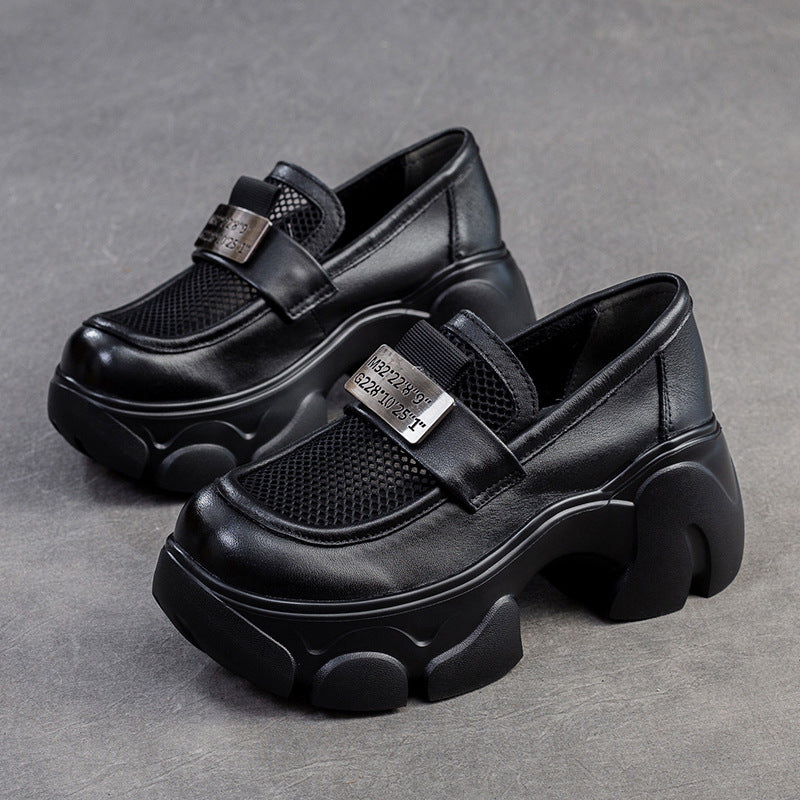 Women Hollow Mesh Leather Chunky Platform Loafers-RAIIFY