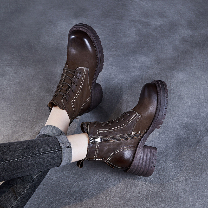 Women Vintage Quilted Leather Chunky Heel Ankle Boots-RAIIFY