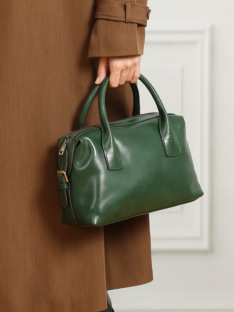 Women's Vintage Plain Leather Casual Boston Bag-RAIIFY