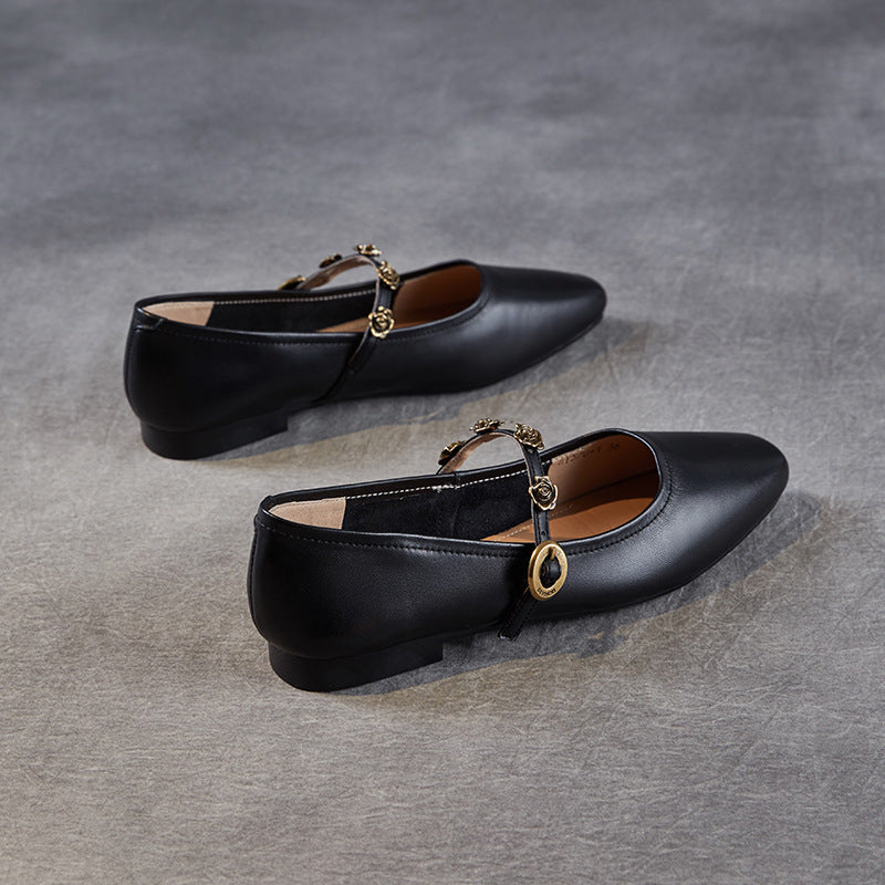 Women Genuine Leather Square Toe Low Heel Mary Jane Shoes-RAIIFY