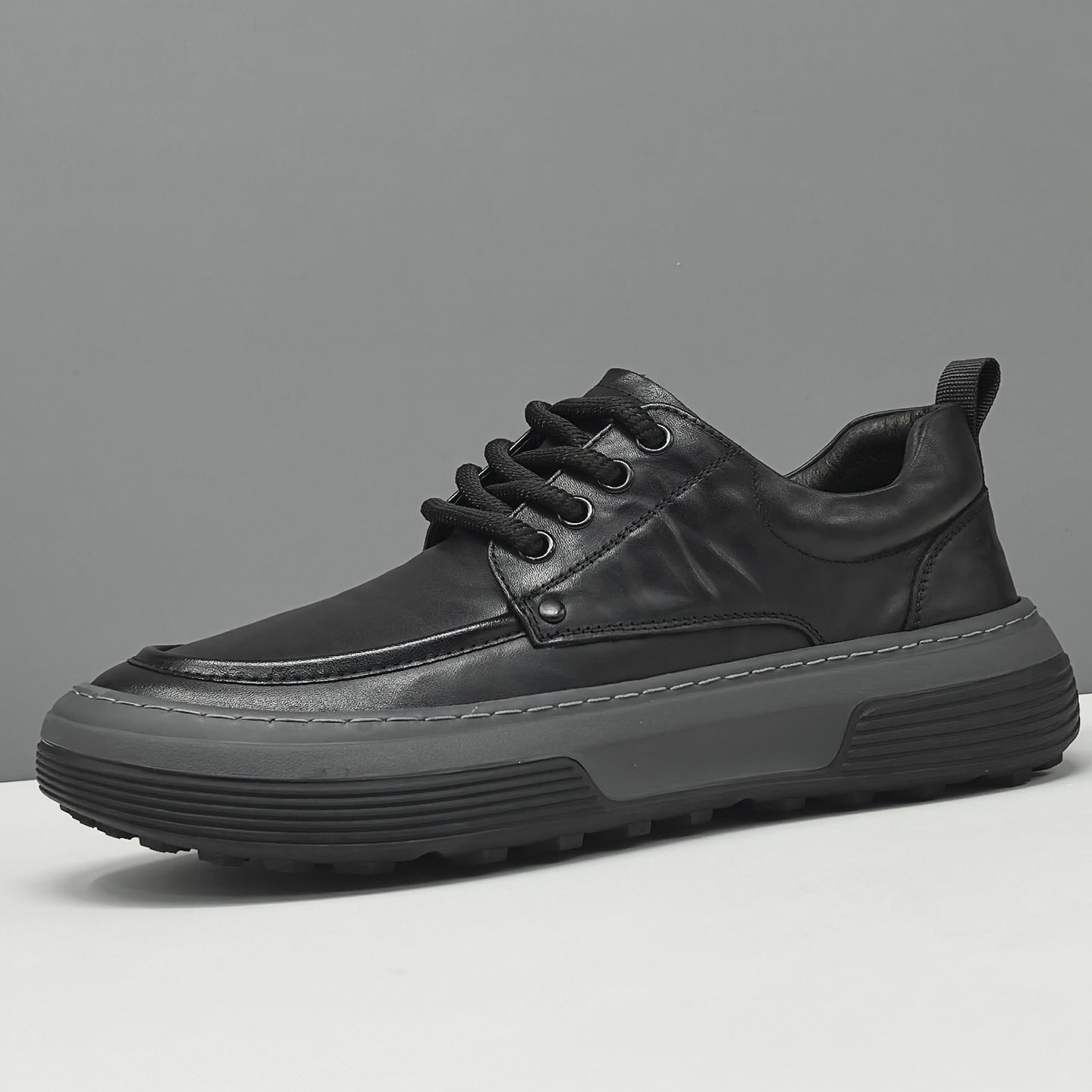 Men's Minimalist Black Leather Flat Casual Shoes-RAIIFY