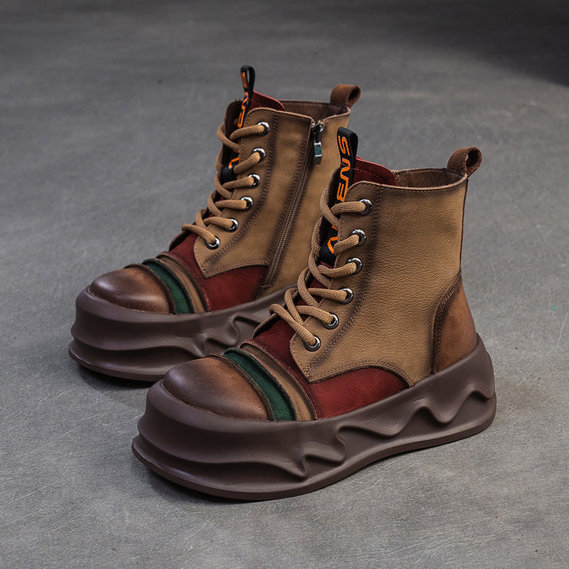 Women Color Matching Leather Winter Furred Boots-RAIIFY