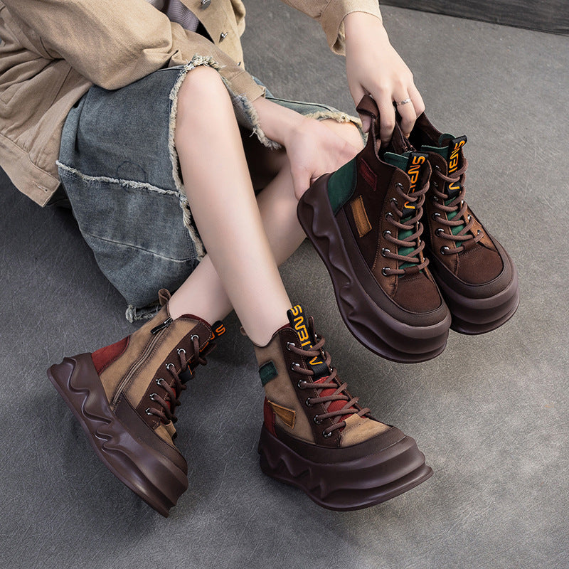 Women Retro Color Matching Leather Winter Platform Boots-RAIIFY