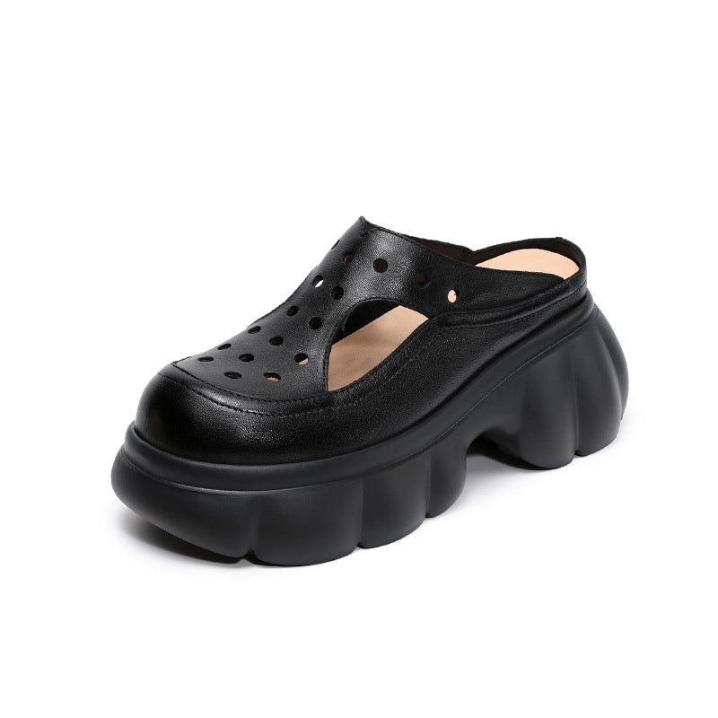 Women's Retro Hollow Leather Summer Platform Mules-RAIIFY