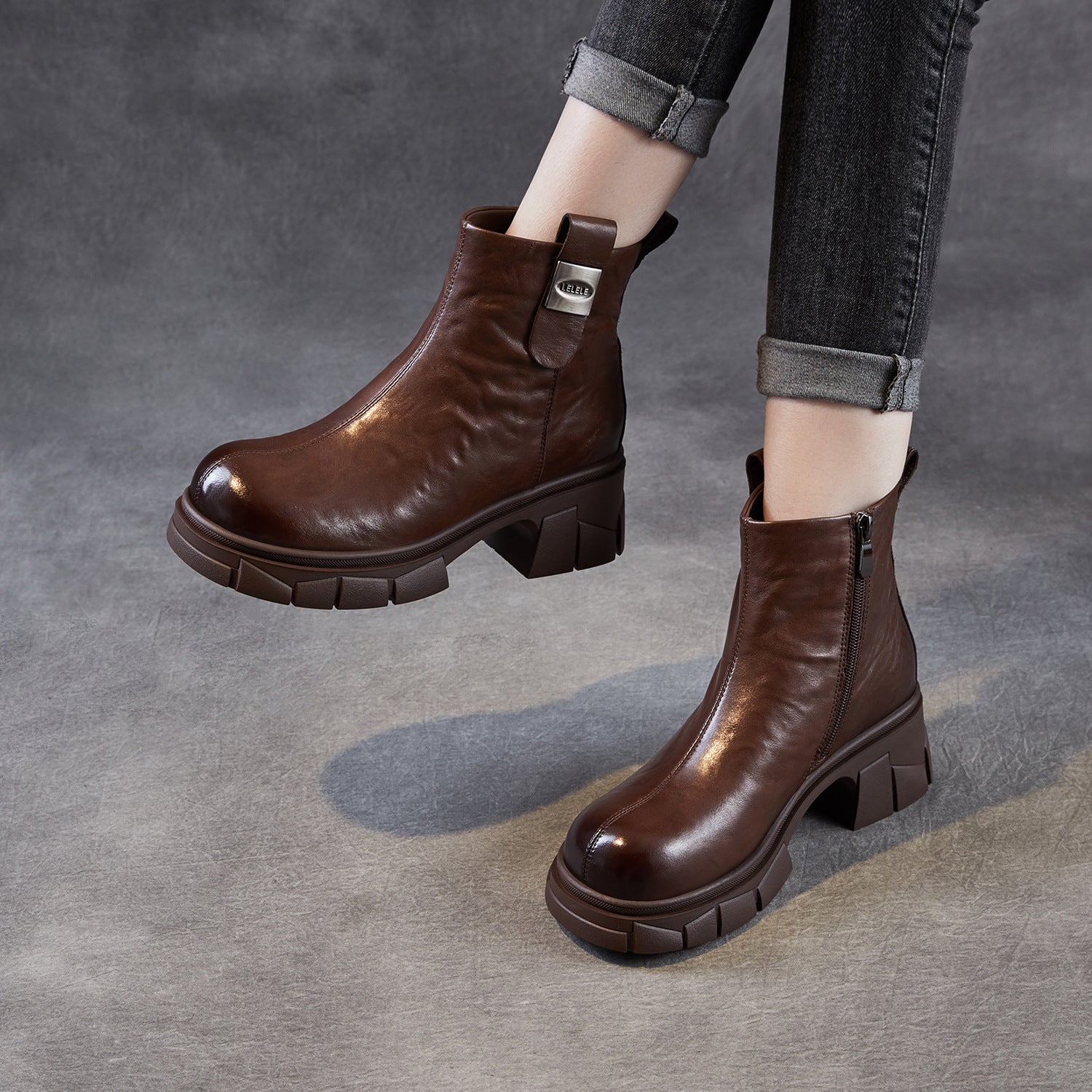 Women's Retro Leather Furred Chunky Heel Boots-RAIIFY