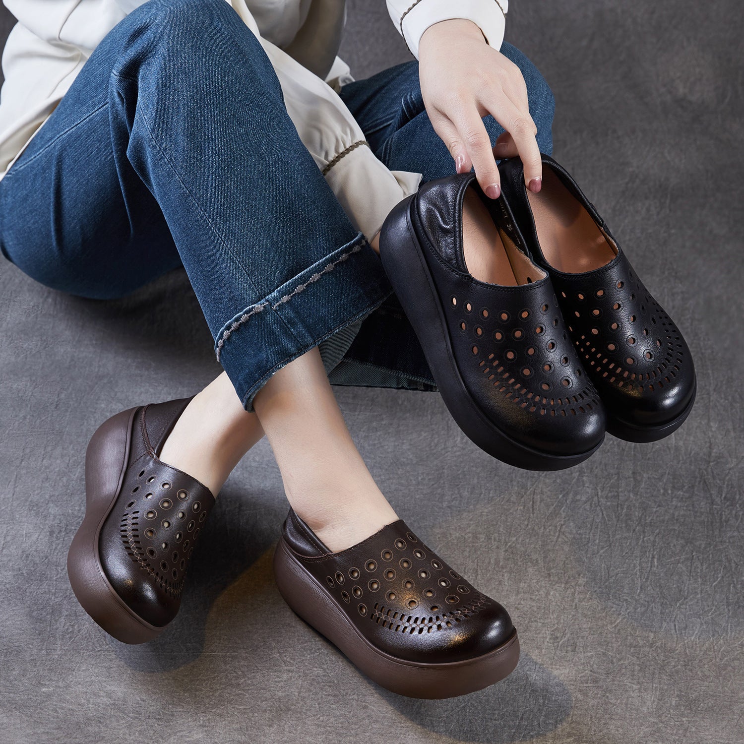 Women Genuine Leather Hollow Out Wedge Heel Summer Sandals-RAIIFY