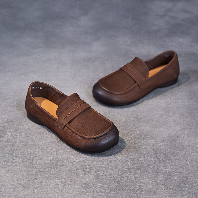 Women Retro Solid Leather Casual Flat Soft Loafers-RAIIFY