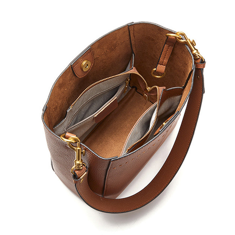 Women Retro Minimalist Leather Bucket Shoulder Bag-RAIIFY