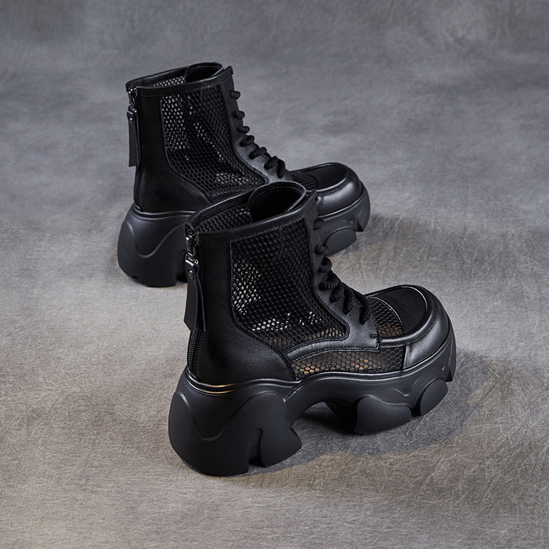 Women Casual Plain Hollow Mesh Leather Platform Boots-RAIIFY