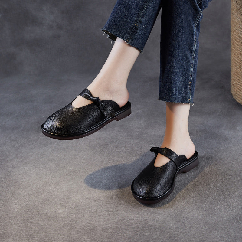Women's Retro Plain Leather Soft Flat Mules-RAIIFY