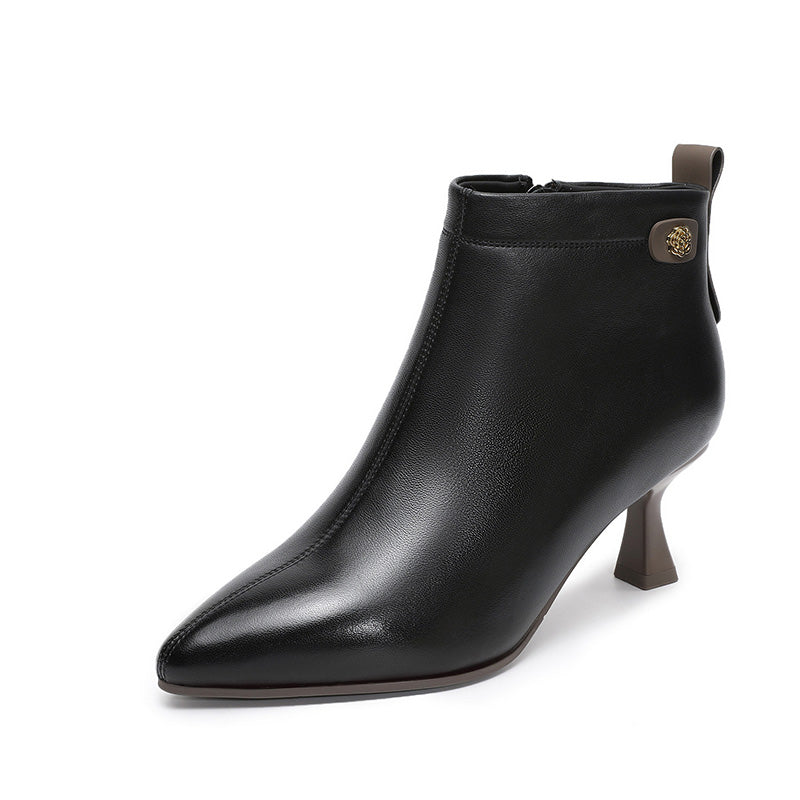 Women's Fashion Leather Furred High Heel Ankle Boots-RAIIFY