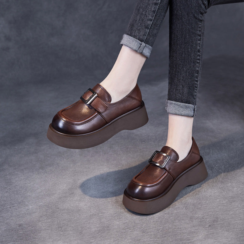 Women Retro Solid Leather Thick Soled Casual Loafers-RAIIFY