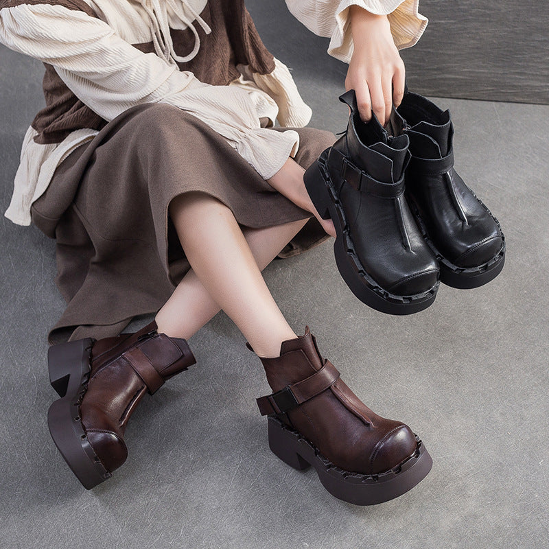 Women's Vintage Leather Buckle Platform Ankle Boots-RAIIFY