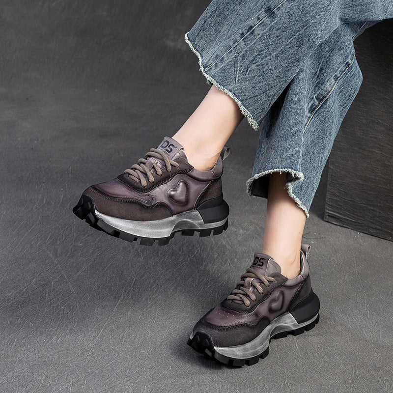 Women Retro Patchwork Leather Chunky Platform Shoes-RAIIFY