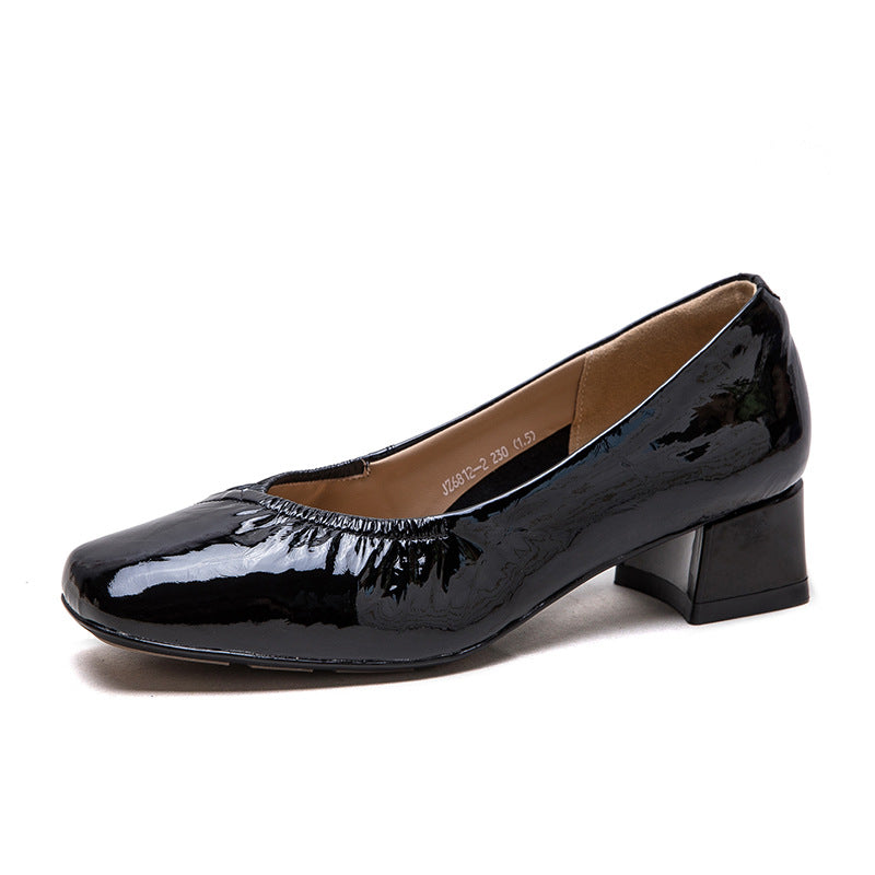 Women's Plain Leather Low Top Chunky Heel Pumps-RAIIFY