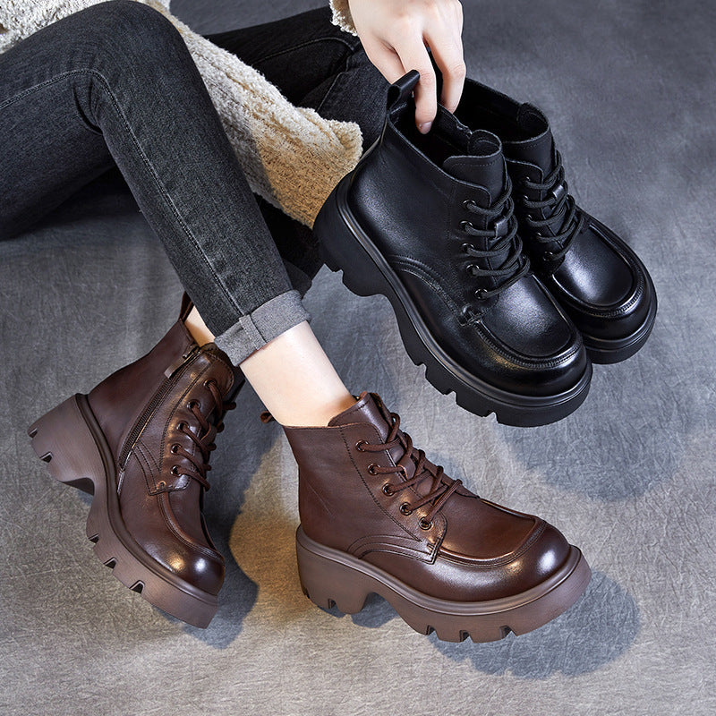 Women's Vintage Leather Casual Platform Ankle Boots-RAIIFY