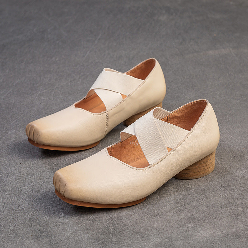 Women Retro Leather Cross Strap Low Block Casual Shoes-RAIIFY