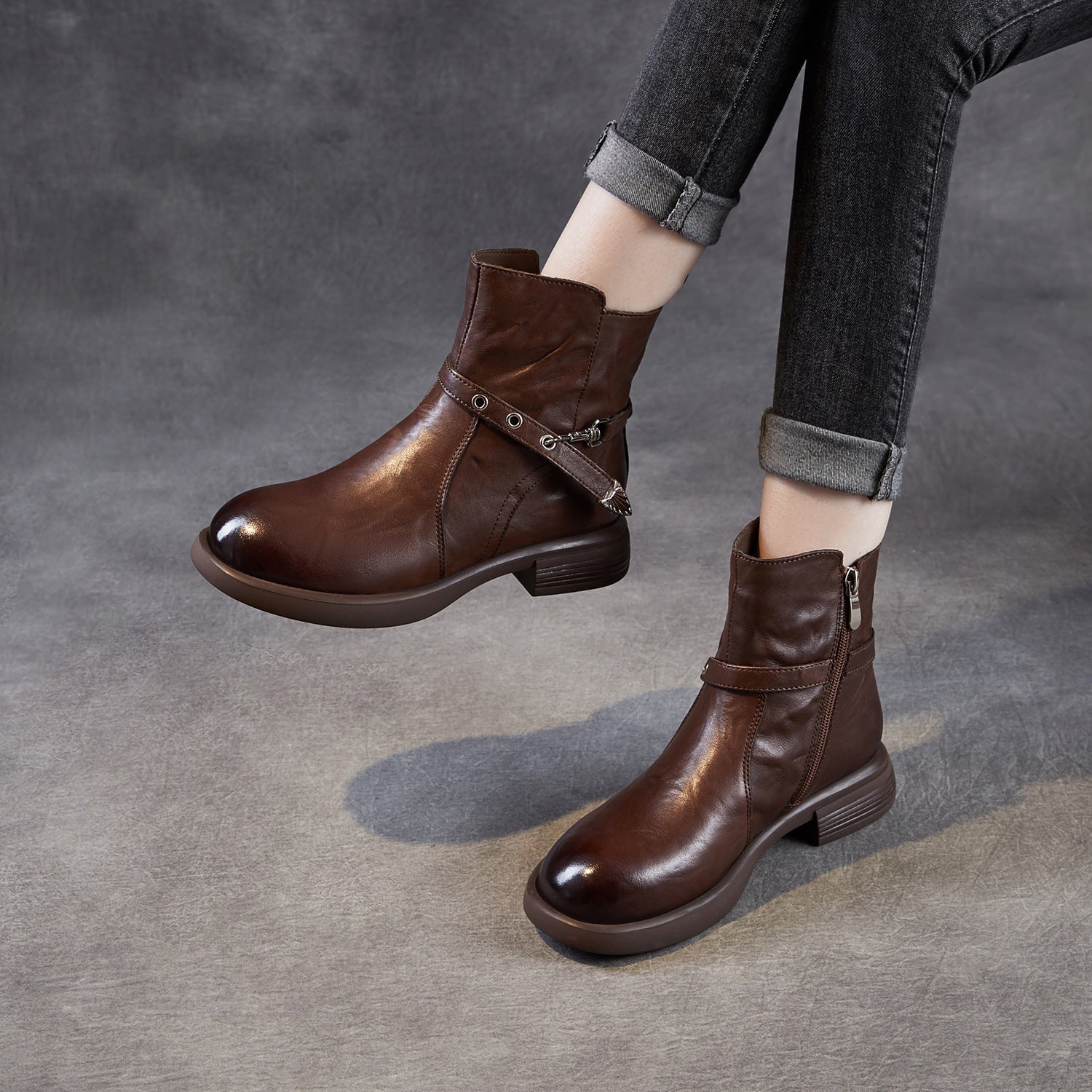 Women's Vintage Furred Plain Leather Ankle Boots-RAIIFY