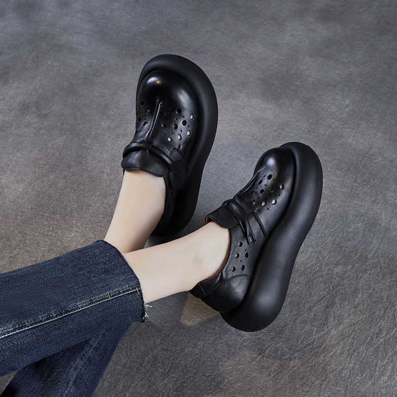 Women Retro Hollow Plain Leather Platform Casual Shoes-RAIIFY