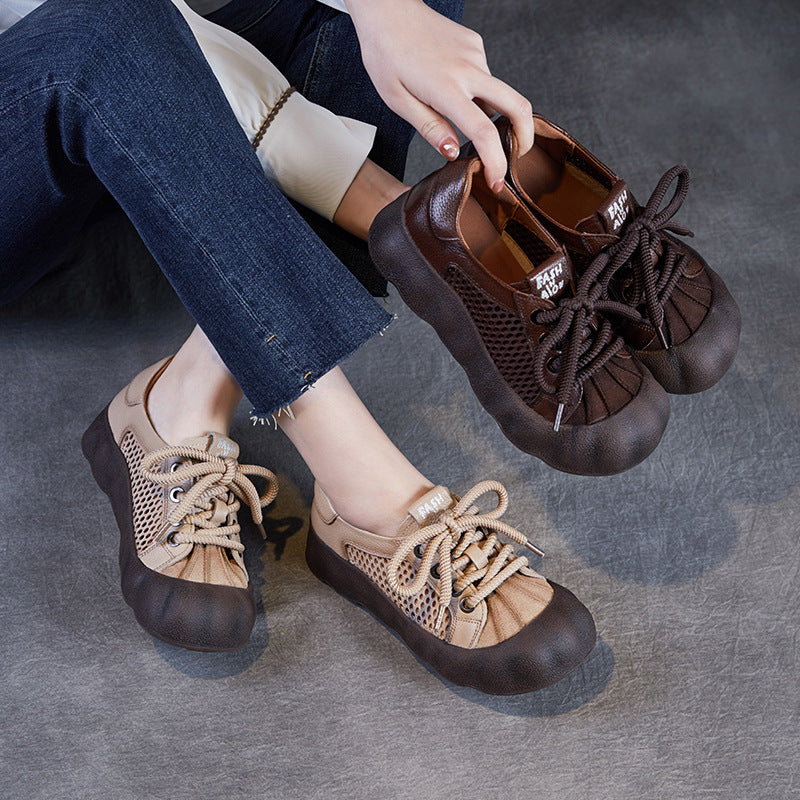 Women Vintage Leather Hollow Mesh Casual Shoes-RAIIFY