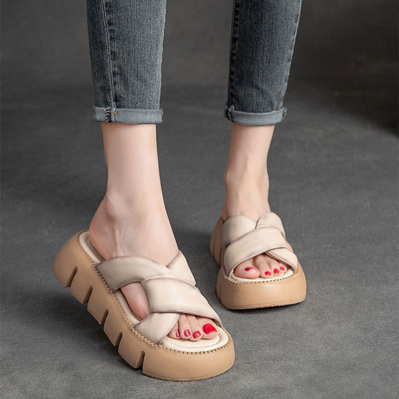 Women Retro Plaited Soft Leather Platform Slide Sandals-RAIIFY