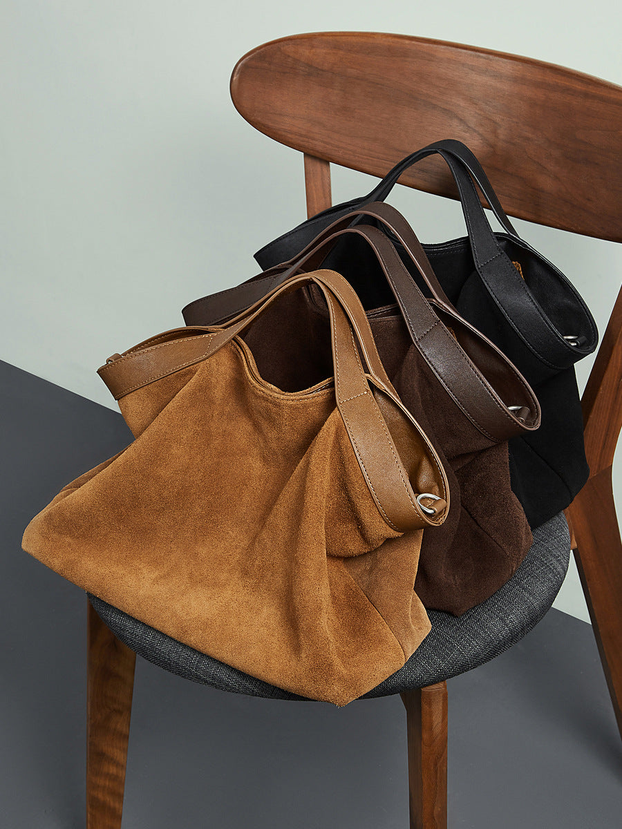 Women’s Suede Leather Retro Bucket Tote Bag-RAIIFY