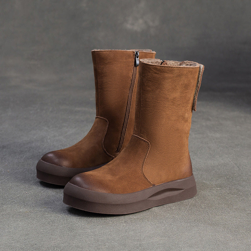 Botas de media caña de piel retro para mujer con forro polar