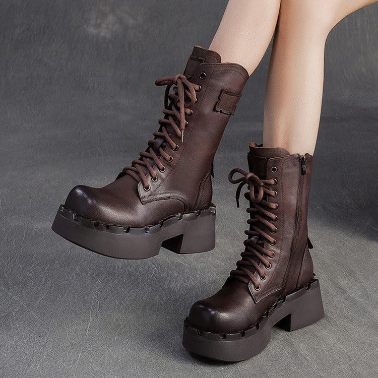 Women's Vintage Leather Platform Mid-Calf Boots-RAIIFY