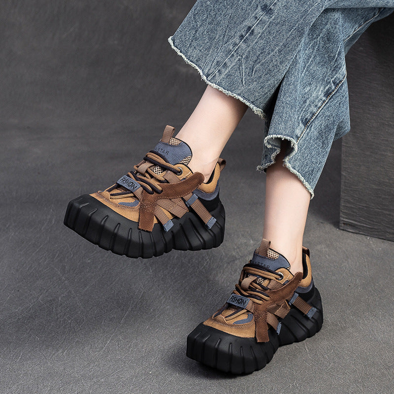 Women Retro Patchwork Leather Chunky Platform Sneakers-RAIIFY