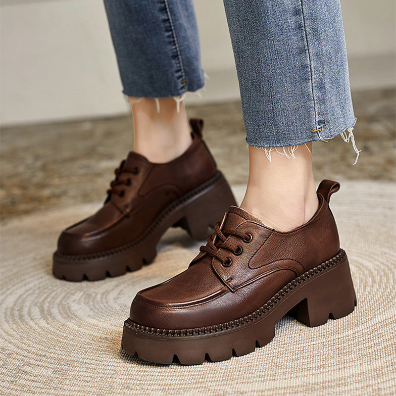 Women Retro Solid Leather Chunky Wedge Loafers-RAIIFY