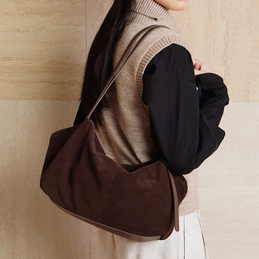 Women’s Suede Leather Pillow-Shaped Shoulder Tote Bag-RAIIFY