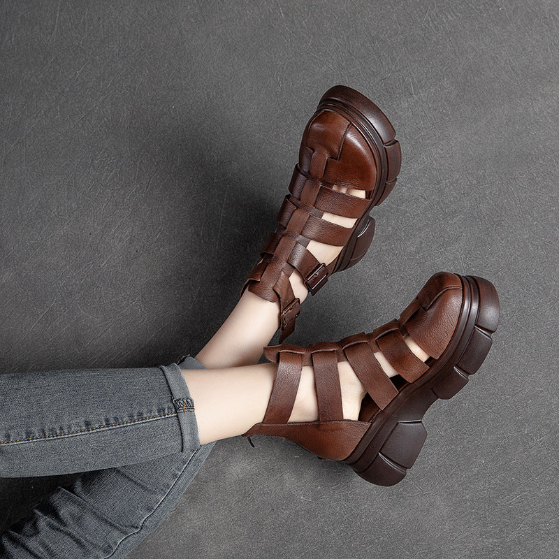 Women's Retro Plaited Leather Platform Bootie Sandals-RAIIFY