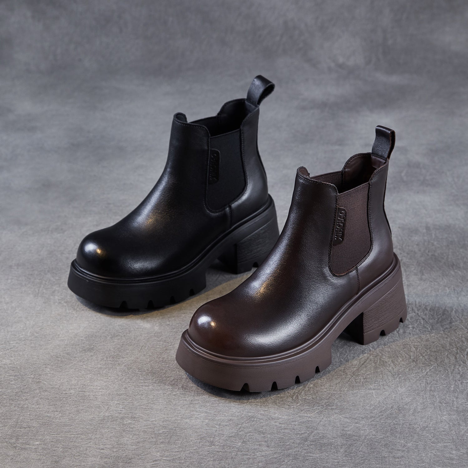 Women's Plain Leather Chunky Heel Slip-on Ankle Boots-RAIIFY