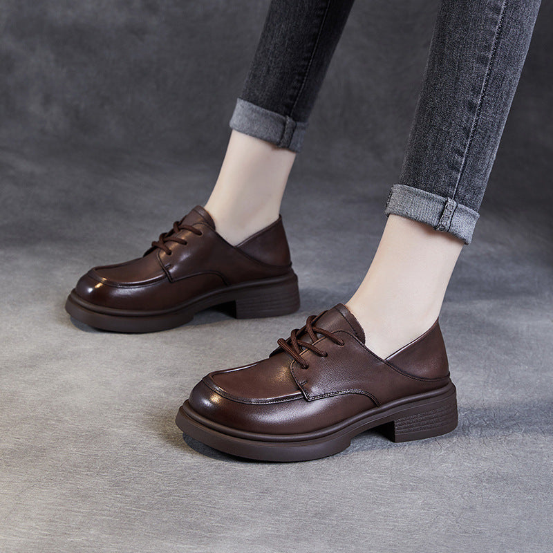 Women Retro Leather Lace-up Casual Loafers-RAIIFY